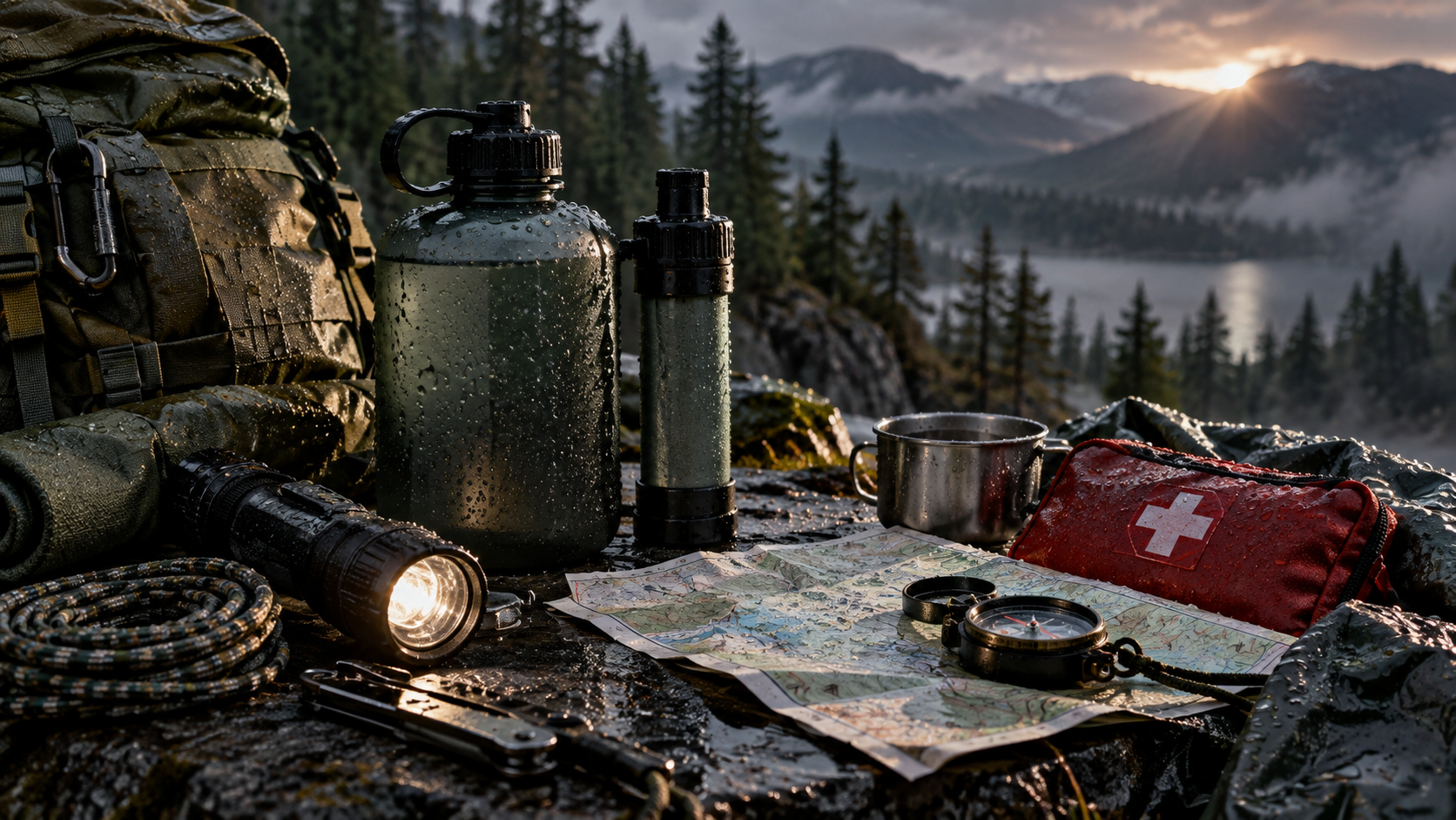 Nasses Outdoor-Camp am See in der Wildnis